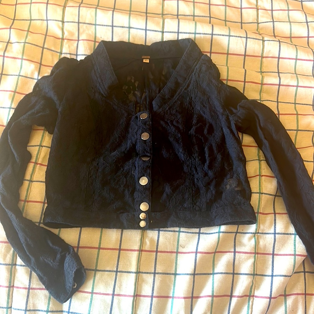 Free People black lace small sheer crop jacket